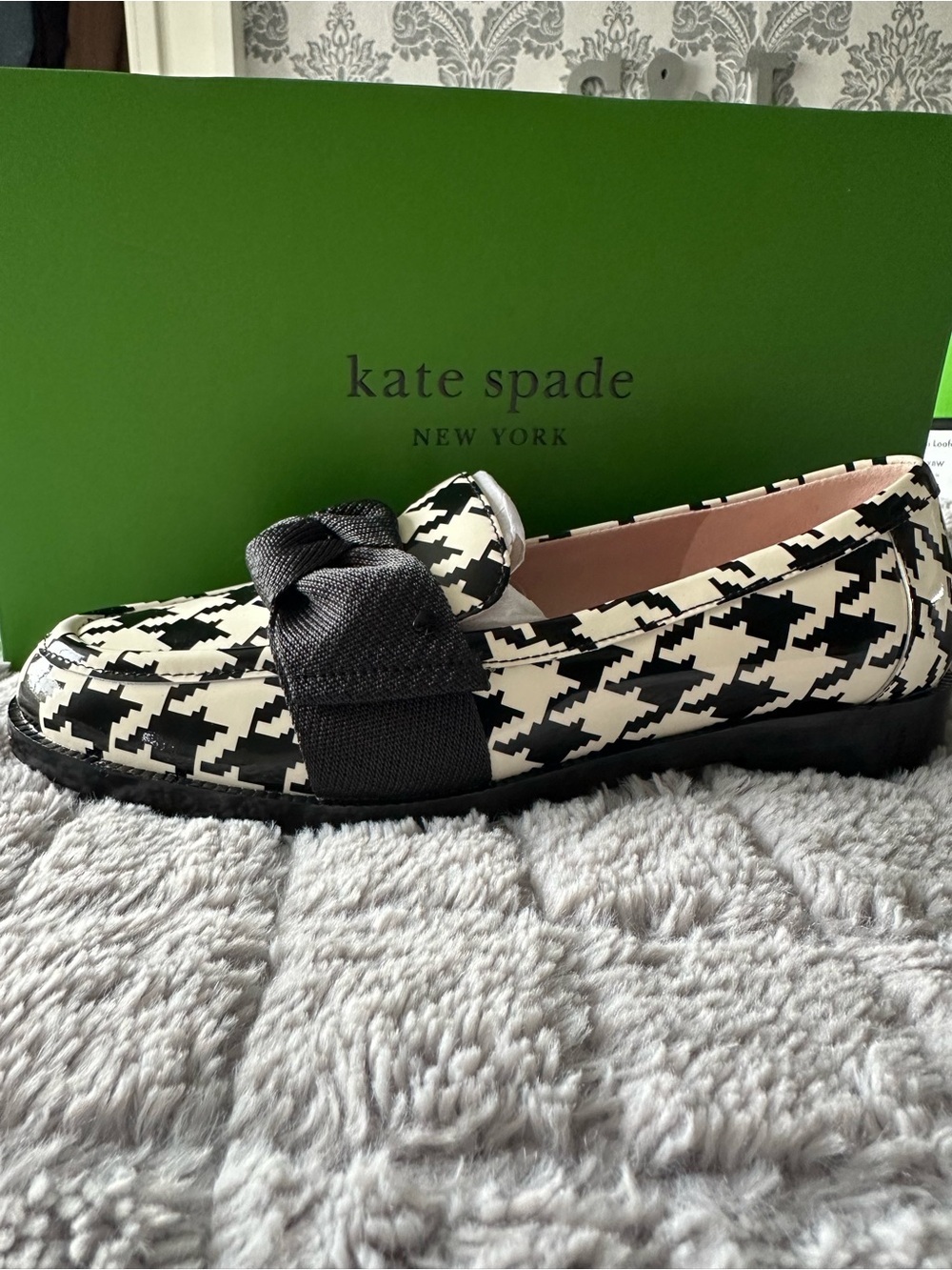 kate spade Black & White Houndstooth Bow Loafers